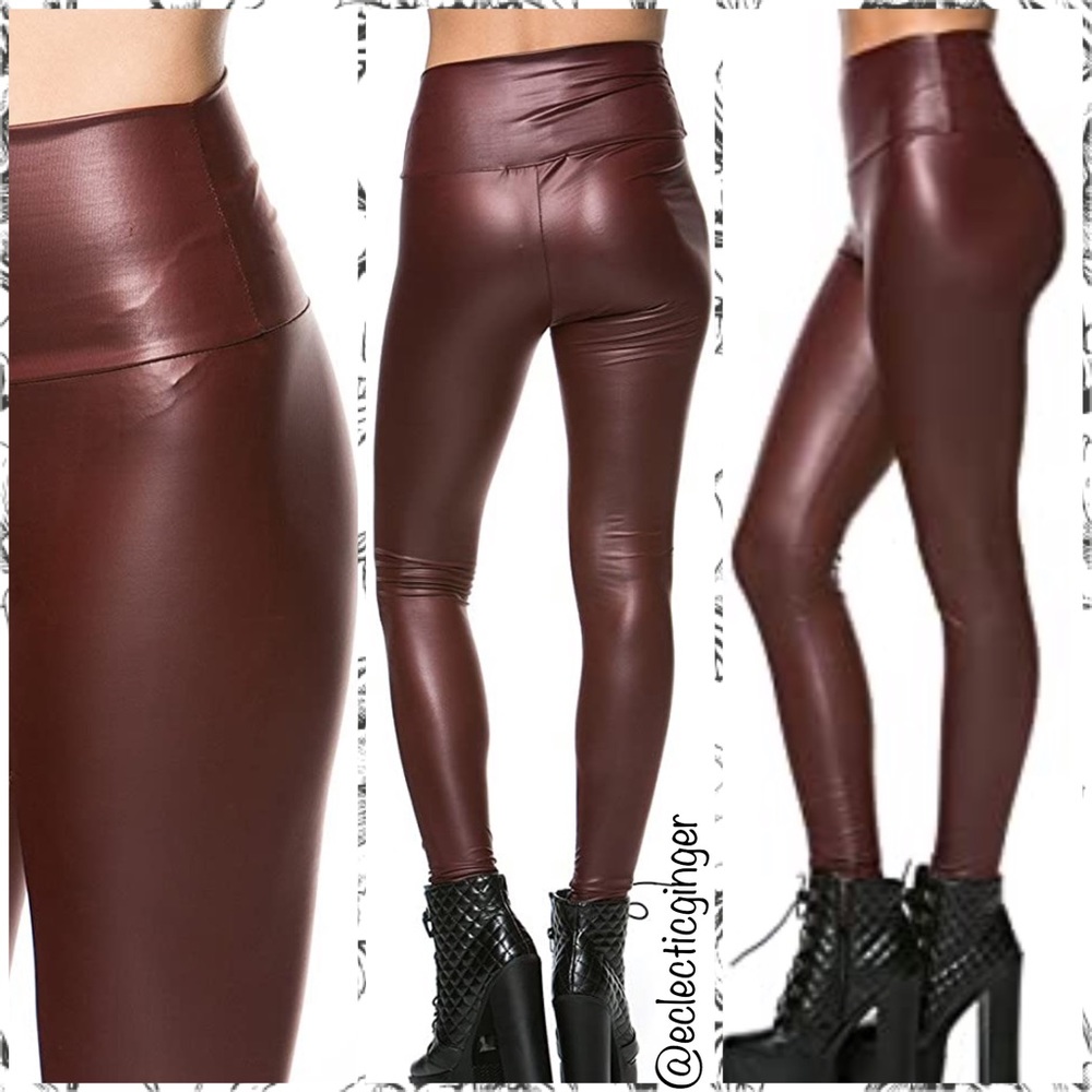 Burgundy red faux leather high waisted leggings L - Picture 4 of 5